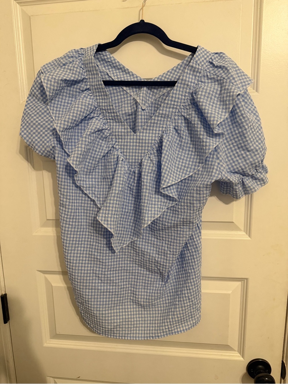 Blue Gingham Ruffle V-Neck Women's Top